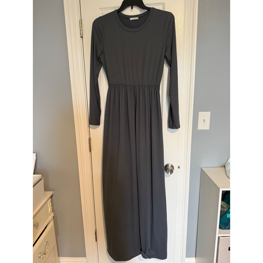 Reborn J Charcoal Gray Long Sleeve Empire Waist Maxi Dress XL T8024R Made in USA